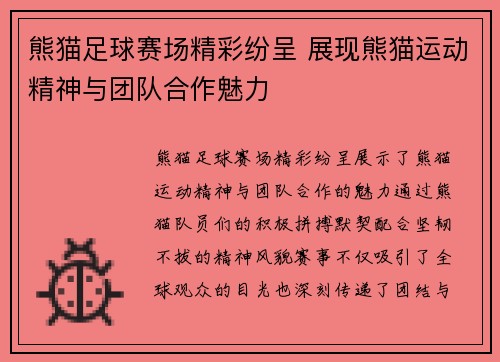 熊猫足球赛场精彩纷呈 展现熊猫运动精神与团队合作魅力