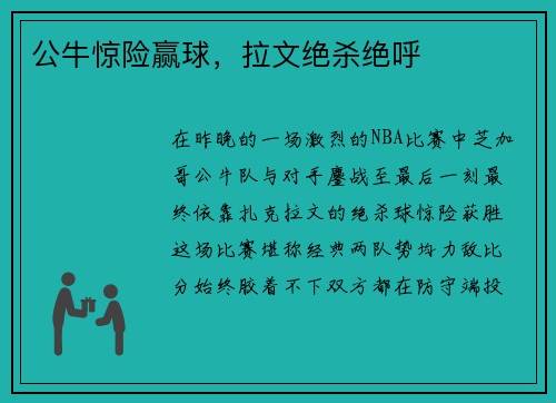 公牛惊险赢球，拉文绝杀绝呼