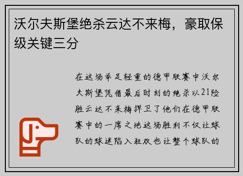 沃尔夫斯堡绝杀云达不来梅，豪取保级关键三分