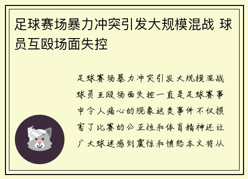 足球赛场暴力冲突引发大规模混战 球员互殴场面失控