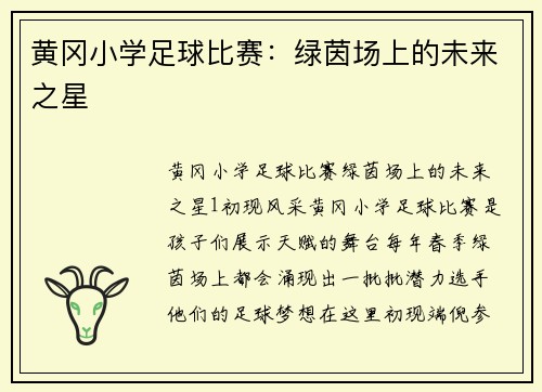 黄冈小学足球比赛：绿茵场上的未来之星