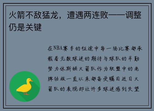 火箭不敌猛龙，遭遇两连败——调整仍是关键