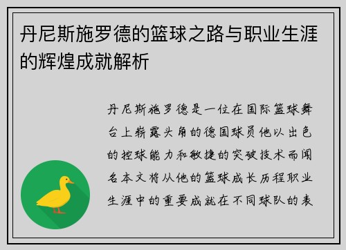 丹尼斯施罗德的篮球之路与职业生涯的辉煌成就解析