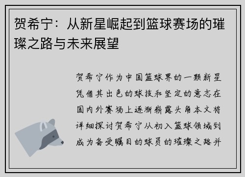 贺希宁：从新星崛起到篮球赛场的璀璨之路与未来展望