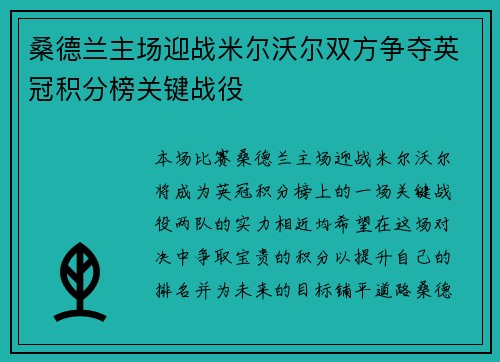桑德兰主场迎战米尔沃尔双方争夺英冠积分榜关键战役