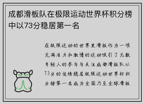 成都滑板队在极限运动世界杯积分榜中以73分稳居第一名
